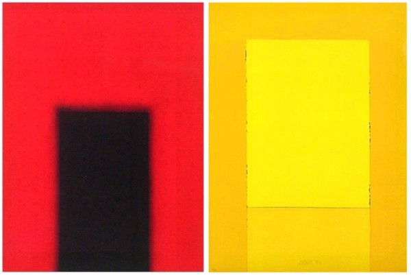 Eric Orr & Larry Bell (two): NINES, 1989, color aquatint etching, signed in pencil, from the numbered edition 25, image 16 ½ x 12 ¼", full margins, a few soft handling creases mainly visible on verso in raking light; Together w