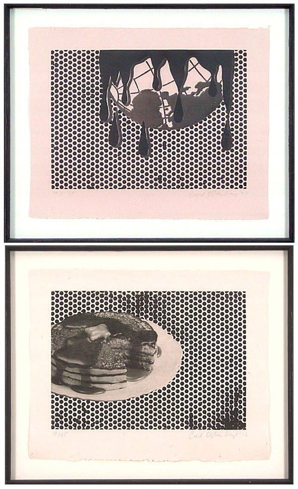 Carl Ostendarp (b. 1961) American (two): PANCAKE PRINT; DRY PRINT, 1992, two photo-etchings with sugar lift aquatint, each signed in pencil, from the numbered editions 35, images 13 ¼ x 18 ½", both with full margins and framed with glass.