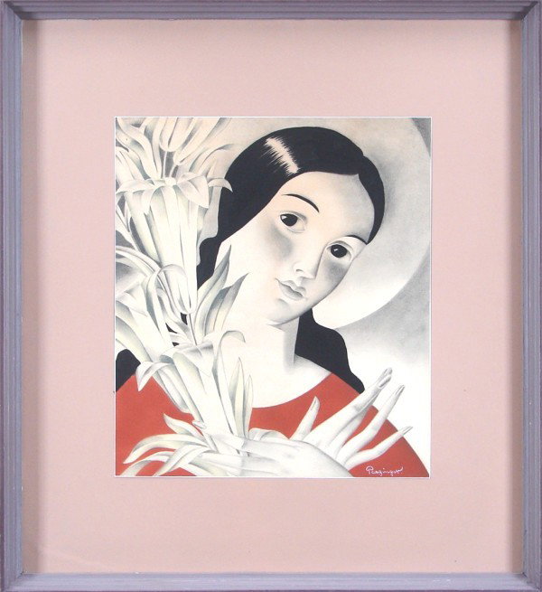 Anton Tommy Parzinger (1903-1981) American: PORTRAIT OF A YOUNG WOMAN, color lithograph with pochoir, signed lower right, 14 x 12 ¼", framed with glass, possibly faded, otherwise in good condition.