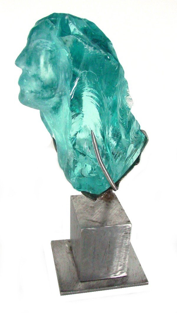 Suzanne Regan Pascal (b. 1914) American: UNTITLED, 1981, carved glass sculpture, signed and dated, 7 ½" tall, mounted to 5" steel base, some small ridge chips, possibly natural from studio, otherwise in good condition.