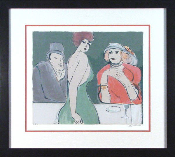 David Schneuer (b. 1905) Israeli: WOMAN IN GREEN DRESS, color lithograph, signed in pencil, from the numbered edition 250, image 16 ¼ x 19", full margins, framed, very pale toning in margins at mat, otherwise in good condition.