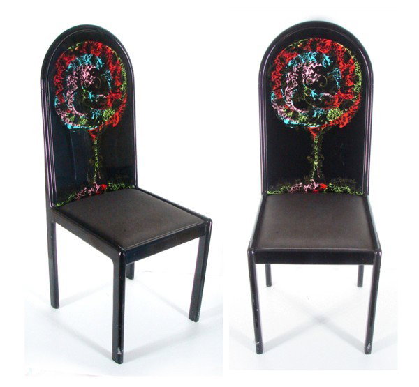 Bjorn Wiinblad (1918-2006) Scandinavian (two): A pair of screenprinted black lacquer chairs, c.1970, each signed, both 43" tall, 17" wide, 18" deep, both from the editions of 300, small nicks, scuffs and scrapes, one with two large scratches on ba
