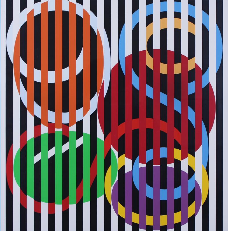 Yaacov Agam (b. 1927) Israeli: UNTITLED, circa 1976, color screenprint, signed and numbered 122/140 in white ink, published by Transworld Art, blind stamp lower left, image 23 ½ x 23”, full margins, frame 31 x 30 &frac