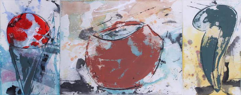 Ned Evans (b. 1950) California: BEAN POT, 1984, triptych, watercolor on three sheets of paper, signed and dated lower right center sheet, 17 x 42 ½”, frame 22 ¼ x 47 ¼” with Plexiglas. Provenance: Ar