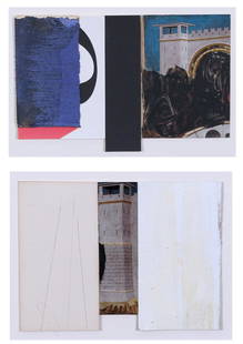 Ned Evans (b. 1950) California (two): UNTITLED, 1987, two, each a gouache and collage on card, both initialed and dated on verso, 4 ¼ x 5 ½” & 4 x 6 1/8”. From the Collection of Laura Lee Stearns, Los Angeles.