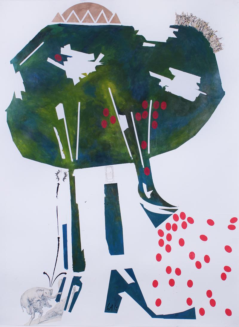 Doug Harvey (20 th Century) California: ELEPHANT MAP, 2004, acrylic painting with collage on paper, initialed and dated lower center, 50 x 38”, frame 53 x 41 ¼”. Provenance: Diana Zlotnick Collection.