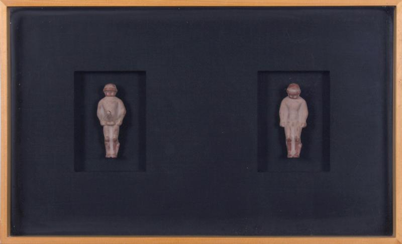 Michael Maglich (1945-2007) California: FERTILITY FETISH: GOOD YEAR, BAD YEAR, 1990, mixed media with terra cotta figures and cloth mat, numbered 2/10, overall 12 3/8 x 20 3/8” with glass. Provenance: Jan Turner Gallery, Los Angeles.