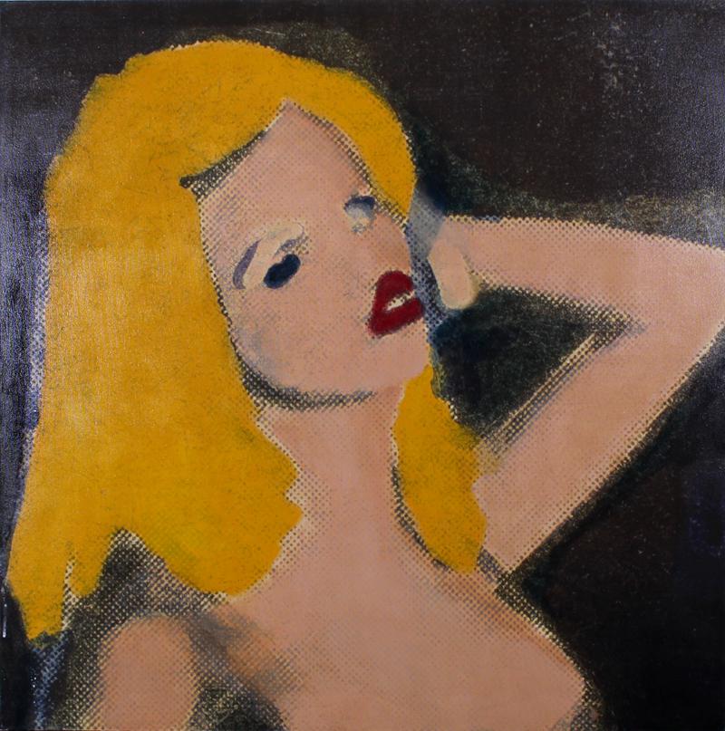 Doug Meyer (b. 1960) America: RIVERSIDE OR CORONA? from the Gentlemen's Pictures series, 2004, mixed media on canvas, signed and dated and titled on verso, 38 x 38”. Provenance: Carl Berg Gallery; Provenance: Diana Zlotnick 