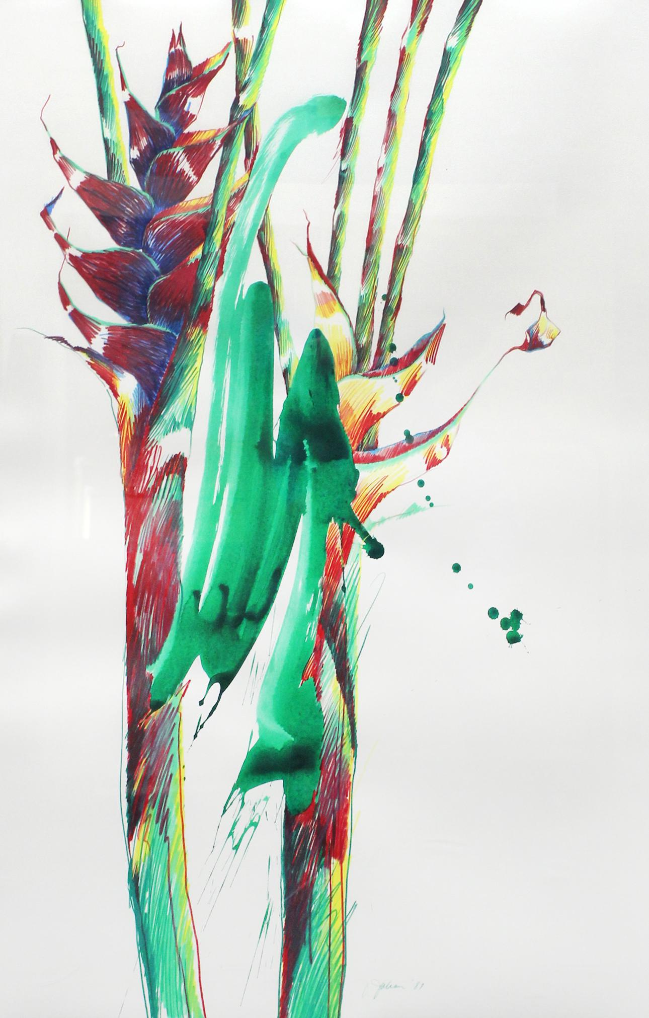Joanne Julian (20th Century) Armenian California: BIRDS OF PARADISE, 1987, watercolor and pastel on paper, signed and dated, sight 41 ½ x 29”, Jerry Solomon frame with Plexiglas 54 x 44”.