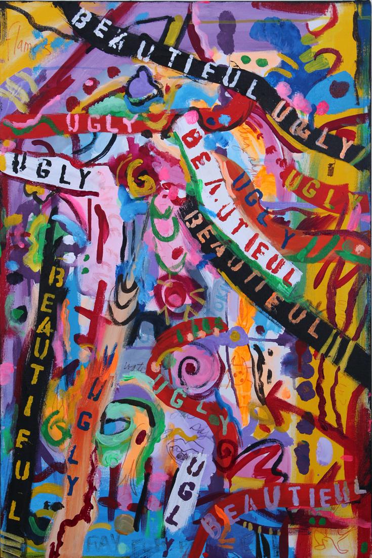 Barbara Romain (20 th Century) California: BEAUTIFUL UGLY, 2005, acrylic painting on canvas, signed and dated on verso, 30 x 20”. Provenance: Diana Zlotnick Collection.