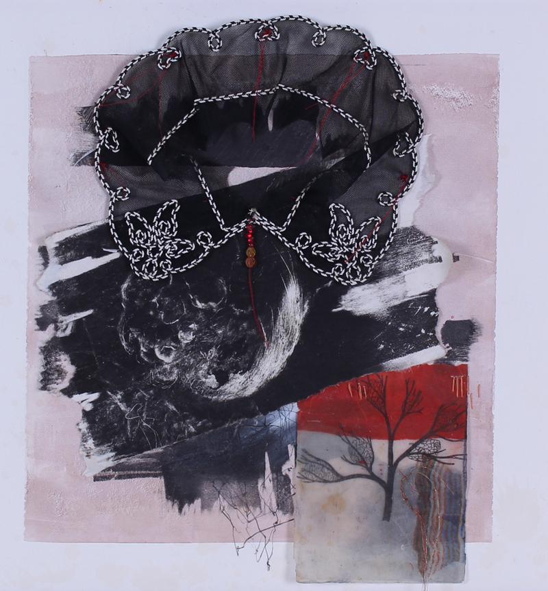 Lucinda Young (20 th Century): INTO THE HOURS (Prayer #8), 2005, mixed media with fabric and paper collage on Arches paper, signed and dated and titled on frame verso, with artistâ€™s selected frame 21 x 21”.