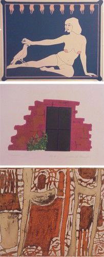 John Wesley, Pollinger, Clyde (three): GIRL AND BIRD, 1965, color screenprint, signed in pencil and dedicated, sheet 24 x 30", soft creases, toning in margins; Andrea Pollinger, SHADOWS, color screenprint, signed in pencil, from the number