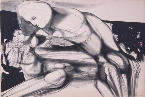 Arnold Belkin  (1930-1992) Canadian Mexican: UNTITLED COUPLE, 1964, lithograph, signed and dated lower left in pencil, printed by Joseph Press with blind stamp lower right, 15 x 22 &frac12;&rdquo;. From a Malibu Broad Beach collection.