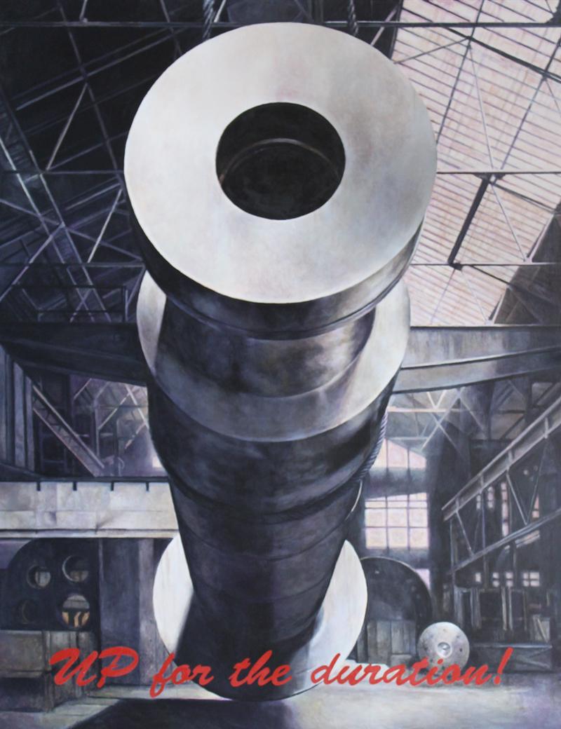 Lawrence Gipe (b. 1962) Baltimore: UP FOR THE DURATION, CENTURY OF PROGRESS: PANEL No. 1 from the Propaganda Series, 1991-1992, oil painting on panel, signed and dated on verso, 78 x 60”, frame 84 x 65 ½”. Exhibited: