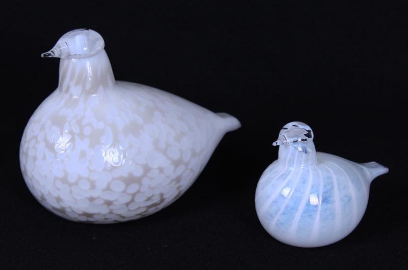 Art Glass: Iittala Finland (two): Two white birds, both signed and with labels underneath, 5” tall & 3” tall. From the Beatrice Breslaw collection. (2)