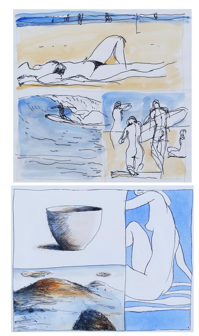 Adrian Lockhart (b. 1947) Tasmania (two): BEACH SCENES, 2001, watercolor and ink drawing on paper, signed and dated, sight 11 ¼ x 11 ¼”, frame 19 x 19” with glass; NUDE ON TOWEL, color etching, signed and numbered 9/