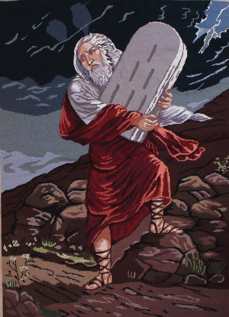 Mid-Century Needlepoint Artist Unidentified: MOSES HOLDING THE TEN COMMANDMENTS, circa 1960, color yarn needlepoint, image 41 x 29”, overall 50 x 36”.