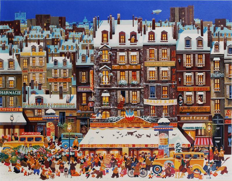Hiro Yamagata (b. 1948) Japan California: CHANSON DE NEIGE, color screenprint, signed and numbered 283/300 in pencil, image 20 x 26”, full margins, frame 29 ½ x 35 ¼” with glass. From the Alan Charles collection.