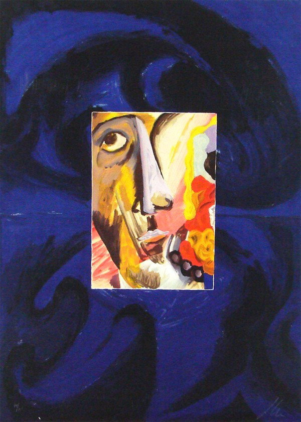 Sandro Chia (b. 1946) Italian: PORTRAIT, color lithograph, signed in pencil, from the numbered edition 75, sheet 33 ¼ x 23 ¾", published by Circle Fine Art, skinning on verso from previous hinges, linen hinge remnants, vertical l