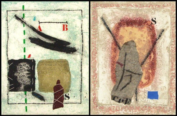 James Coignard (1925-2010) French (two): LES SEMBABLES (S.338), 1978; EQUILIBRE S (S.482), 1981, two color carborundum gravures with collage, both signed in pencil, from numbered editions 75, sheets 25 ¾ x 19 ¾" & 32 ¼ x 18", published by