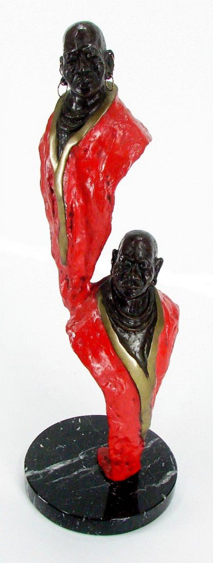Ed Dwight (b. 1933) African/ American: BROTHERS, cold painted cast metal sculpture, signed, from the numbered edition 75, 23" tall including marble base, missing ear rings (replaceable), some wear, otherwise in good condition.