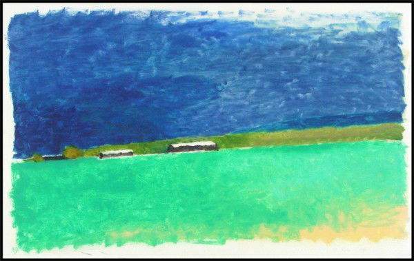 Wolf Kahn (b. 1927) American: LANDSCAPE WITH BARN, 1987, color monoprint, signed and dated lower right, sheet 28 ¼ x 44 ½", soft handling creases, minor skinning on verso from old hinges, otherwise in good condition.