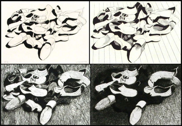 Lowell Nesbitt (1933-1993) American (four): SHOE SERIES, four etchings, each signed in pencil, from the numbered editions 14, sheets average 27 x 36", minor creases and soft handling creases, some discoloration at extreme sheet edge, otherwise