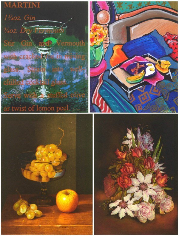 Nubu, K. G. Brown, Charnay, Nigel Clark, Ellen Gun: Nubu, MARTINIS & WINE, four color screenprints, each signed in pencil, from the numbered editions 195, sheets 40 x 32" to 20 x 14", a few soft handling creases, minor surface smudges in margins; Toget