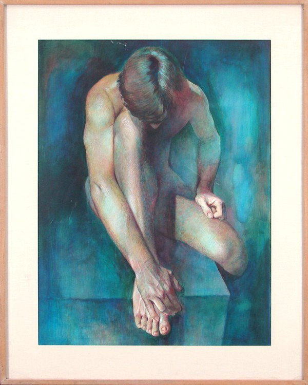 Wade Reynolds (b. 1929) American: NUDE MAN, 1981, acrylic painting with watercolor on paper, signed and dated lower right, sight 28 ¼ x 21 ½", framed. Provenance: Louis Newman Galleries, Beverly Hills