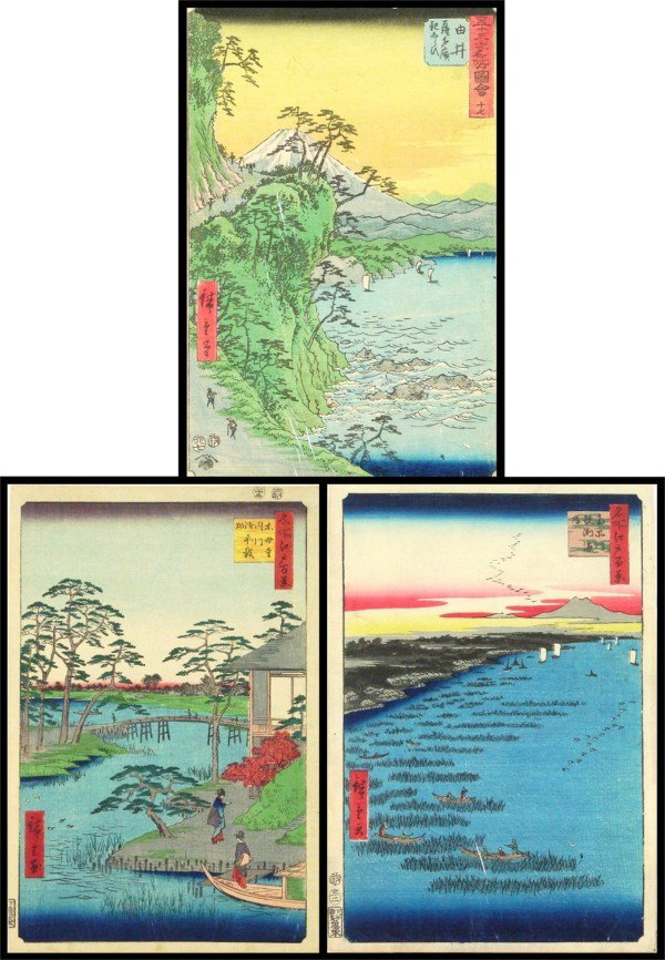 Hiroshige I (1797-1858) Japanese (early 20th Centu: CELEBRATED PLACES OF THE FIFTY THREE STATIONS, 1855-7; ONE HUNDRED FAMOUS VIEWS OF EDO (2), one dated 1857; three color woodblock prints from later editions, two published by Uoei, images average 13 �