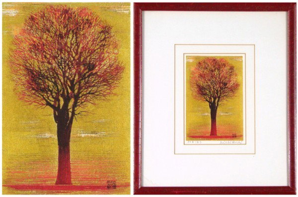Joichi Hoshi (1913-1979) Japanese: TREE IN EVENING, color woodblock with gold highlight, signed in pencil, image 7 ¼ x 5", framed with glass.