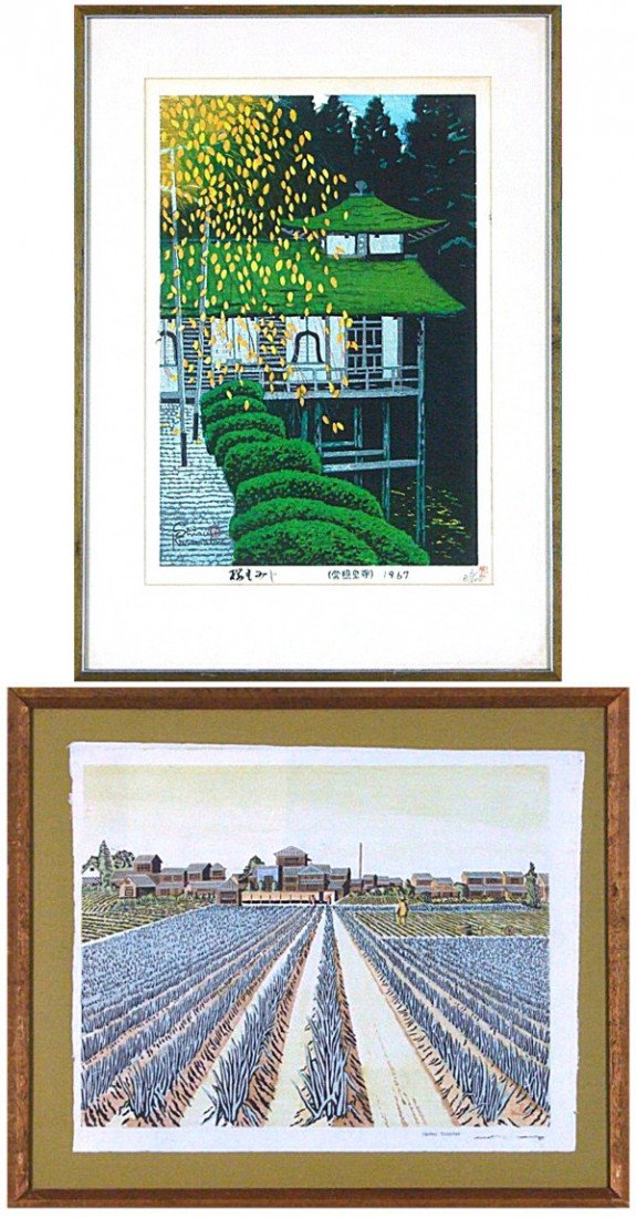 Shiro Kasamatsu (1898-1991) Japanese & Takashi Hen: Shiro Kasamatsu, HOUSE WITH GREEN ROOF TOP, 1967, color woodblock print, signed in design and inscribed in pencil, from the numbered edition 100, image 14 ½ x 9 ½", toning, soft creases mainly in ma