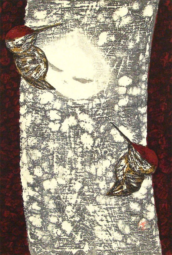 Kaoru Kawano (b. 1916) Japanese: WOOD PECKER, color woodblock print, signed in pencil, from the numbered edition 200, image 22 x 15", artist's self carved and printed label on verso, full margins, discoloration, creases and soft hand
