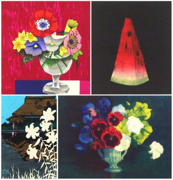 Jun Sekino, Tomoe Yokoi, Mitsuhiro Unno, Wako,Ito: Jun Sekino, STILL LIFE, 9172, color woodblock print, signed in pencil, from the numbered edition 128, image 8 ½ x 8", extremely pale toning, a few speckles; Together with Tomoe Yokoi, WATERMELON, col