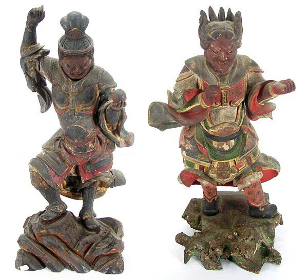 Antique Asian Statues (two): WARRIOR GUARDIAN DEITIES, Japanese, Edo period, a pair of carved and ornately painted wood statues, sizes 17" & 18 ½" tall, one with re-attached arm and lacking attachment on his back, small chips, s