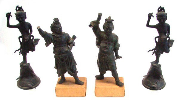 Southeast Asian Statues (four): DIETIES, four cast metal statues, 7 ¼" & 9 ¼" tall, two on wood stands with Collection Ponthier labels underneath, one missing hand, surface wear, otherwise in generally good condition. (4)