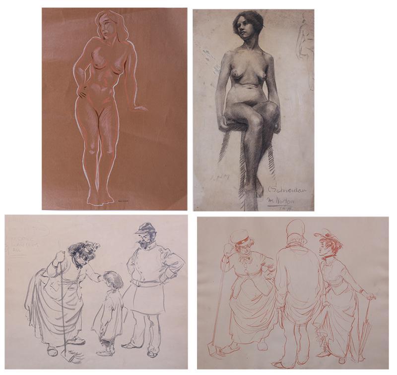 Ben Carre (1883-1978) California , Christian Von Scheidau (1893-1976) California & Harry Samuel: Ben Carre NUDE, pastel drawing on brown paper, signed lower right, 24 x 18”; Christian Von Scheidau NUDE, charcoal drawing on paper, signed and inscribed lower right, sight 22 ¾ x 13 &fra