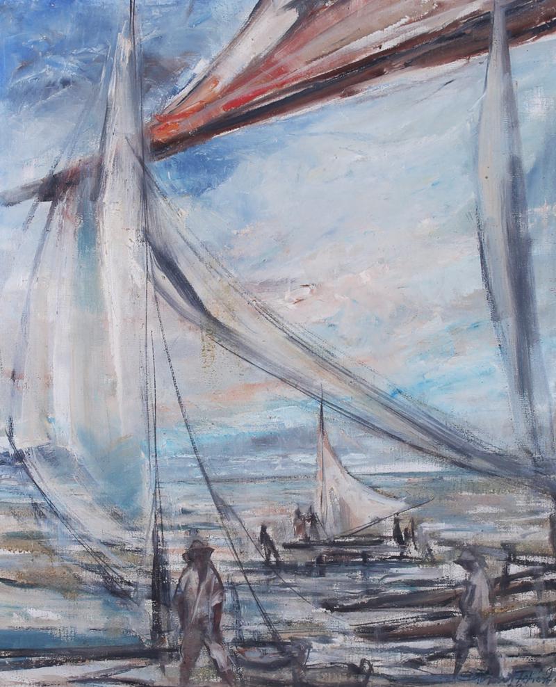 Balint Feherkuty (c. 1927-1998) Hungarian: FISHING VILLAGE, 1962, oil painting on canvas, signed and dated lower right, 23 ¼ x 19”, frame 31 ½ x 27 ½”.