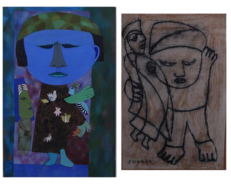 Adele Fogg (20 th Century) American (two): BLUE FACE, 1955, gouache on paper, signed and dated lower right, 18 x 12”, frame 28 x 22” with glass; TWO FIGURES, 1962, ink drawing on paper mounted to paper, signed and dated lower left,