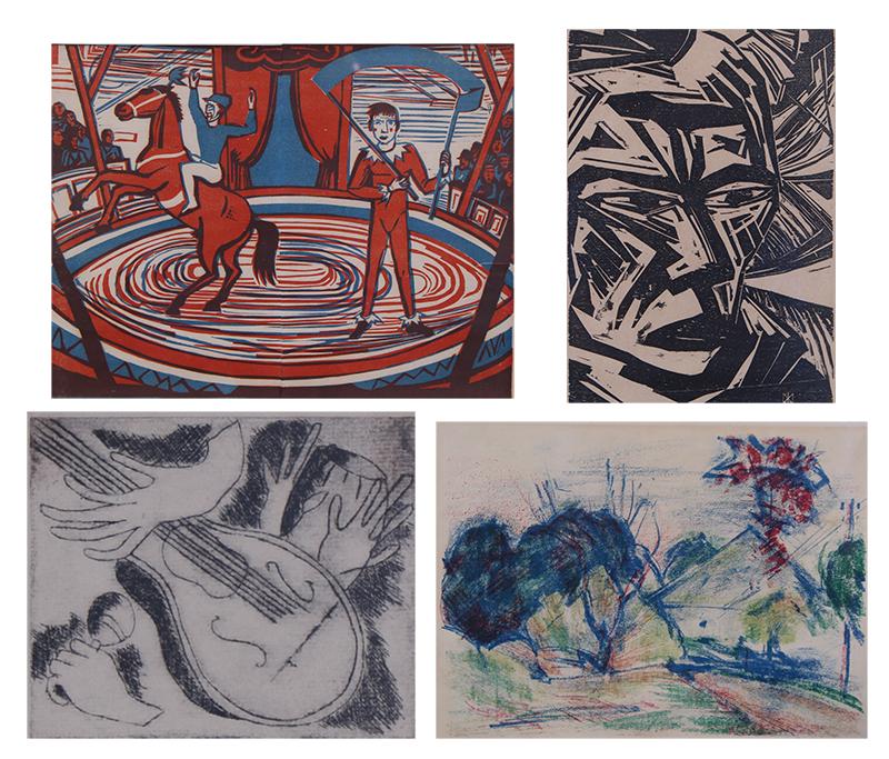 Erich Heckel (1883-1970) German , Max Kaus (1891-1977) German , Marx & Artist Unidentified: Erich Heckel ZIRKUS from Graphik der Gegenwart, 1931, color woodblock print mounted to larger sheet of thin paper, image 9 ½ x 12 ½”, with centerfold as issued, frame 16 x 19&rdquo