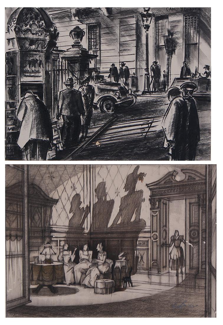 Carl Heilborn (1906-1954) California & Ernst Fegte (1900-1976) German California (two): Carl Heilborn STREET NEAR LOUVRE PARIS from Everybodyâ€™s Old Man; Ernst Fegte ; AUNTâ€™S ROOM from Love Me Tonight, two illustration boards, the first conte crayon on illustration board, th