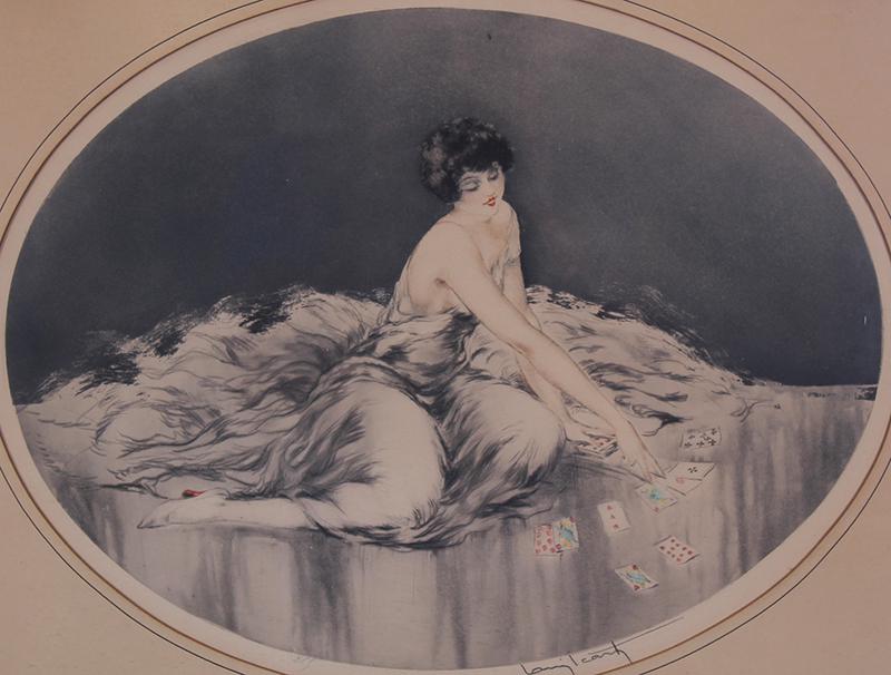 Louis Icart (1888-1950) French: SOLITAIRE (H.290), 1926, drypoint in colors, signed in pencil, image 14 x 18 ½” oval, blind stamp lower left, frame 19 ½ x 24” with glass.