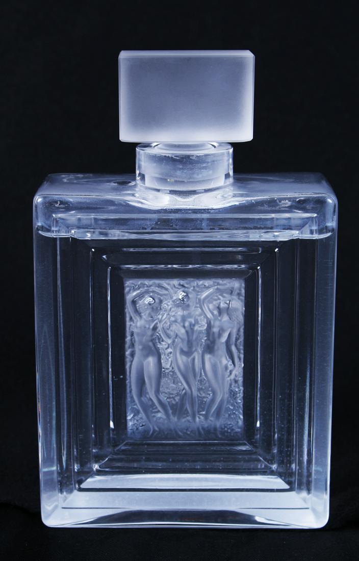 Lalique Perfume / Decanter: Duncan Flacon No. 2 (#11381), clear and frosted crystal, etched hallmark underneath, overall 8 x 5 x 2”.