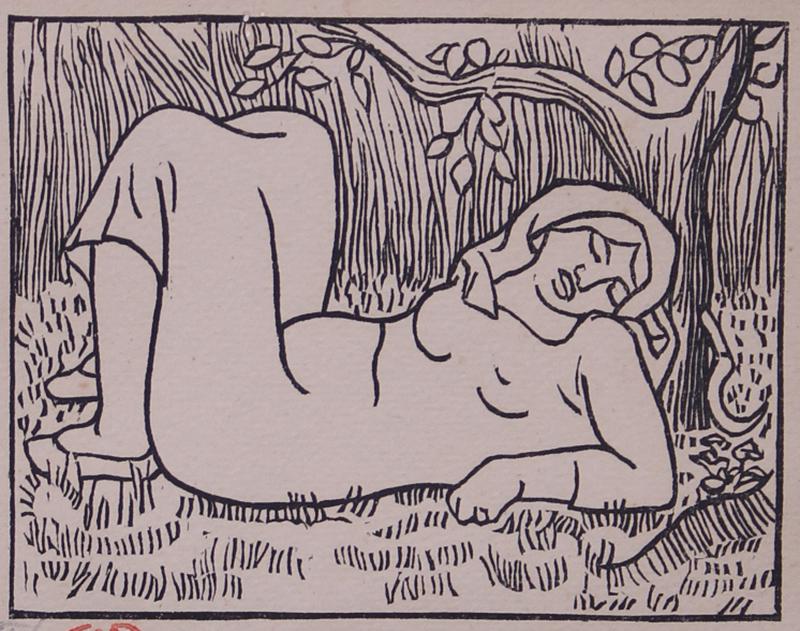 Aristide Maillol (1861-1944) French: WOMAN LYING IN GRASS, woodcut, with artistâ€™s red stamp lower left and numbered XI/XX in pencil, image 3 ¾ x 4 ¾”, sheet 12 ¾ x 9 ½”.