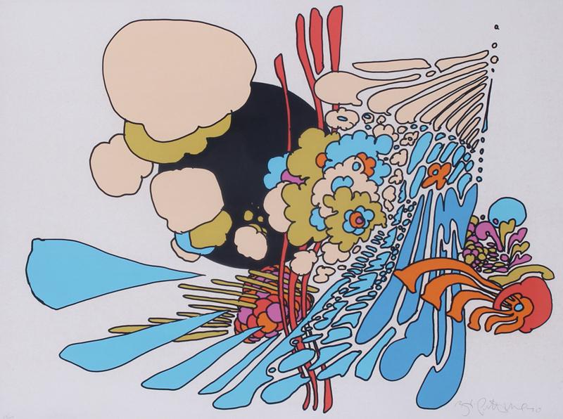 Peter Max (b. 1937) German American: LEAVING IT BEHIND (HG.34), 1970-71, color screenprint, signed and numbered 62/100 in pencil, published by London Arts with blind stamp lower left, sight 21 ½ x 28 ½”, frame 29 x 36