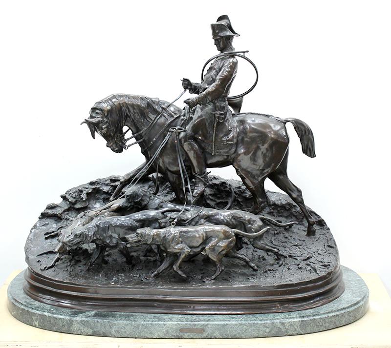 Pierre Jules (PJ) Mene (1810-1879) French: VALET DE CHASSE LOUIS XV ET SA HARDE, 1869, cast bronze sculpture, signed and dated, 25 ½ x 32 ½ x 18” including marble base, heavy weight.