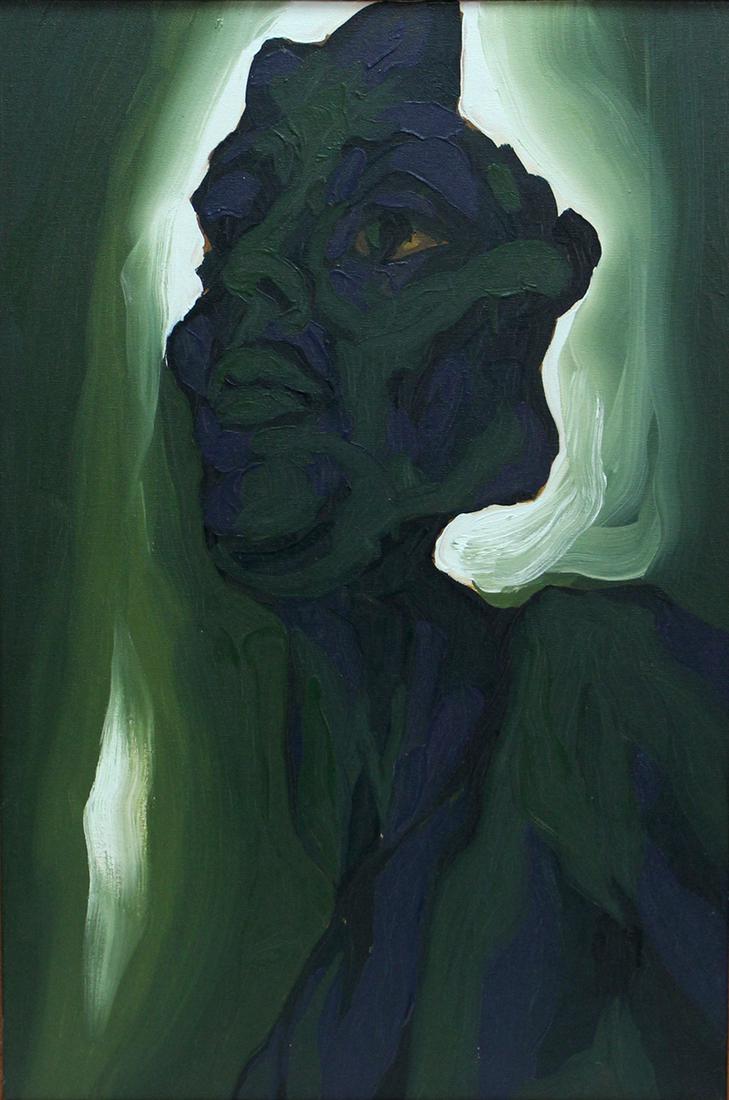 Lance Miyamoto (20 th /21 st Century): GREEN SERIES #9, 1984, acrylic painting on canvas, signed and titled and dated on verso, 30 x 20”, frame 36 ¼ x 26 ¼”.