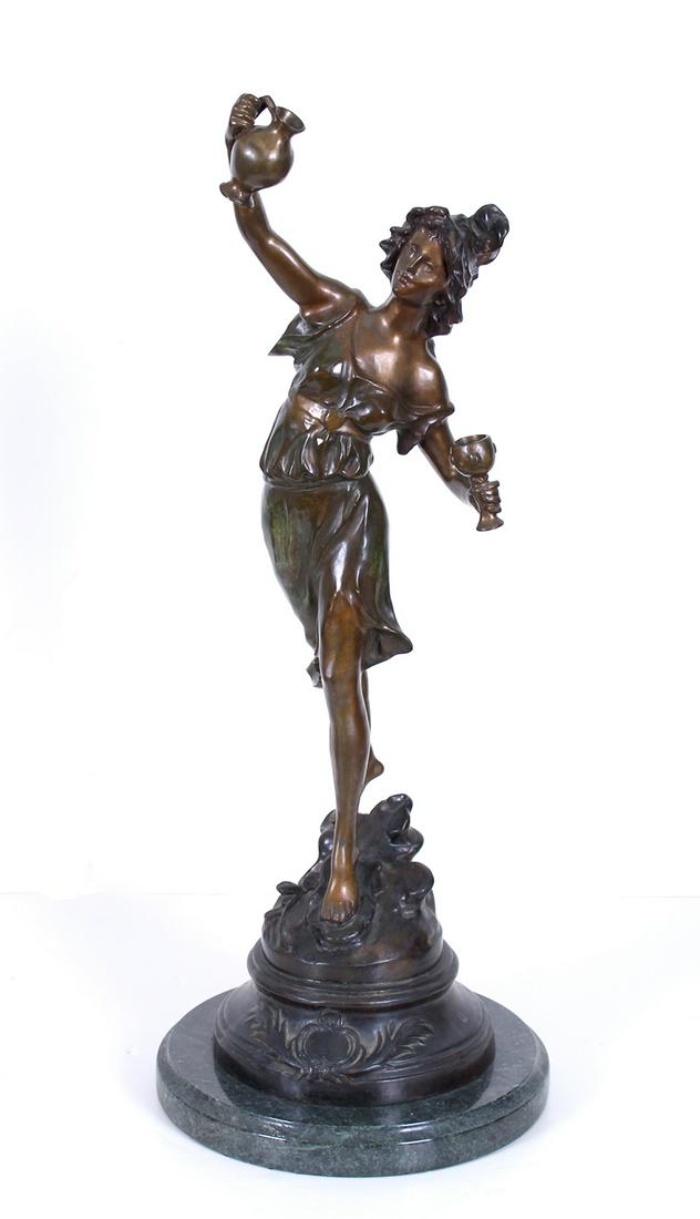 after Moreau French: WINE LADY, cast bronze sculpture with patina, signed, 27 ½ tall and 11” diameter including base, weight 38 lbs.