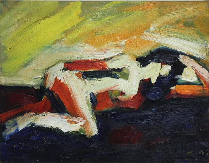 Sarena Rosenfeld (b. 1940) California: HOT FLASH, 1995, acrylic painting on canvas, signed lower right, signed and dated and titled on verso, 14 x 18”.