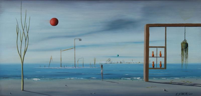 Kenneth Stancin (b. 1938) Chicago: FIVE GOLD BIRD, 1971, oil painting on Masonite, signed and dated lower right, 12 x 24”, frame 19 ½ x 31 ¼”.